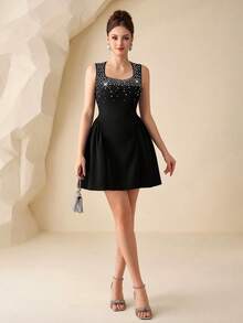 Modelyn Women's Black Knit Bubble Pearl Waist A-Line Sleeveless Elegant Dress, Spring/Summer - Black - View 4