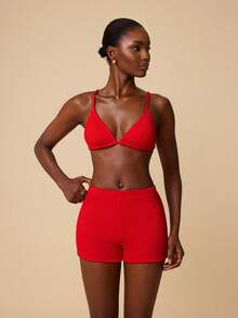 Swim Chiccia Women's Solid Color Spaghetti Strap Bikini Set - Red - View 6