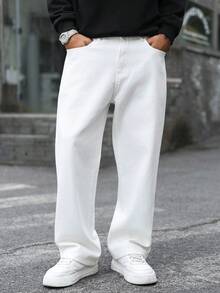 Manfinity EMRG Men's Mature Casual/Business Embroidered Straight Leg Wide Leg Jeans - White - View 4