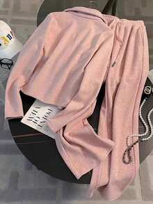 Franclia 加大码修身立领插肩袖开衫 + 斜插口袋直筒裤 - 粉色 - 查看 2