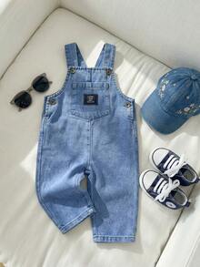 6个月-3岁婴幼儿男童可调节牛仔背带裤，休闲水洗牛仔裤，适合通勤、上学、度假、运动、春夏秋冬穿着 - 藍色 - 查看 3