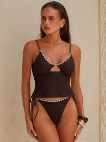 Swim Chiccia 两件套女士成熟性感优雅复古浪漫沙滩泳池派对泳衣，修身显瘦，深棕色吊带背心套装，春夏款 - 咖啡棕 - 查看 3