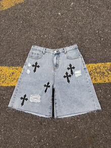 Quần short denim xanh rách họa tiết chữ thập dành cho thiếu niên nam - Màu xanh lam - Xem 1