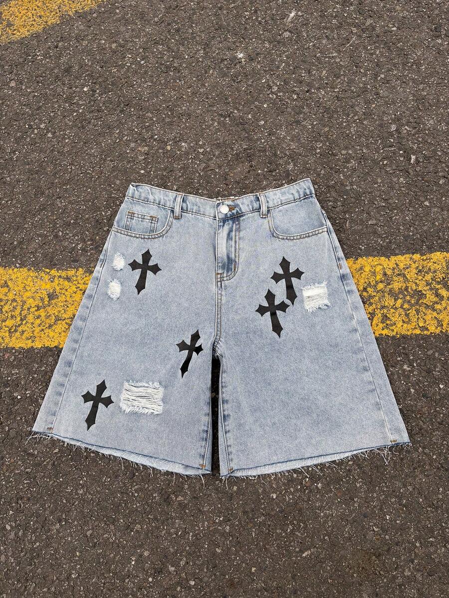Quần short denim xanh rách họa tiết chữ thập dành cho thiếu niên nam - Màu xanh lam - Xem 1
