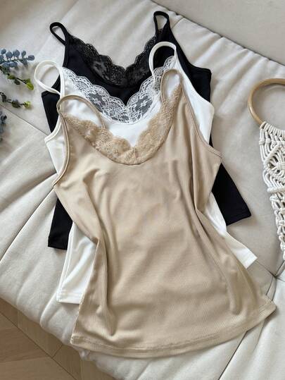 INAWLY Lace Patchwork Solid Color Fitted Sexy Camisole