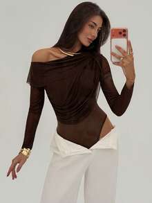 Aloruh Women's Mesh Coffee Color New Oblique Shoulder Ruched Bodysuit With Long Sleeves, Autumn/Winter, Beach Outfits For Women,Summer Holiday Outfits,Vacation Outfits Women - Coffee Brown - View 3