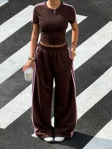 Muchica 女士条纹拼接圆领短袖T恤和阔腿裤休闲两件套 - 咖啡棕 - 查看 3