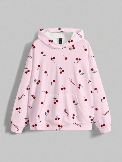 ROMWE Kawaii Cherry Cute Funny Slogan All-Over Print Loose Fit Sweatshirt For Women