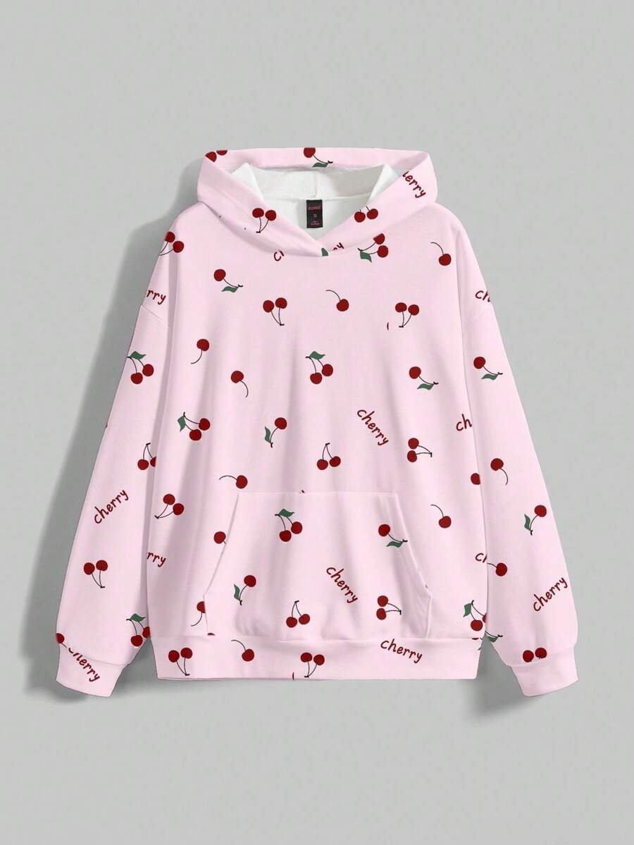 ROMWE Kawaii Cherry Cute Funny Slogan All-Over Print Loose Fit Sweatshirt For Women