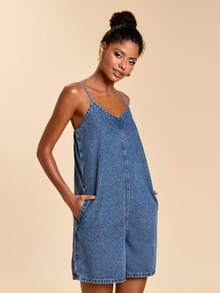 Travachic Women's Casual Loose Pocketed Wide Leg Denim Romper - Light Wash - View 7