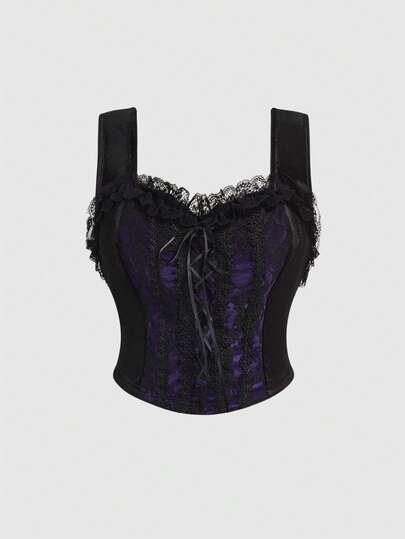 Goth Femmes grande taille Camisole à liens en dentelle contrastée avec bretelles épaisses