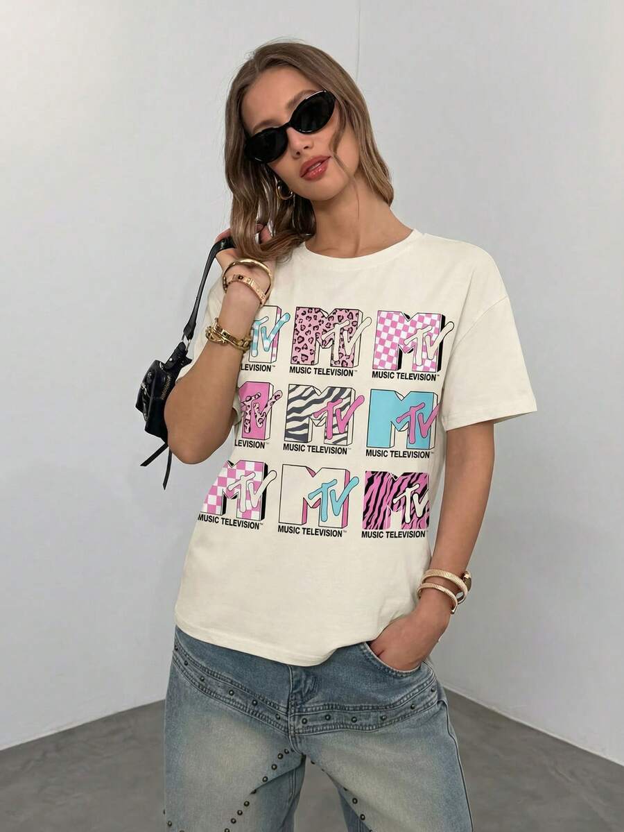 MTV | SHEIN 女士休闲字母图案圆领短袖T恤，夏季 - 白色 - 查看 1