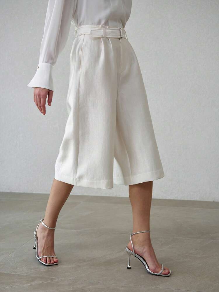 WOMEN'S WHITE WIDE LEG CROPPED PANTS WITH BELT, SPRING/SUMMER