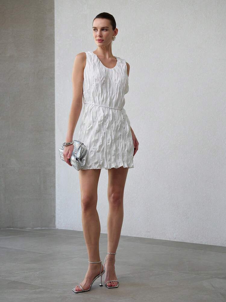 WOMEN'S RUCHED U-NECK SHORT DRESS WITH BEADED BELT, SPRING/SUMMER