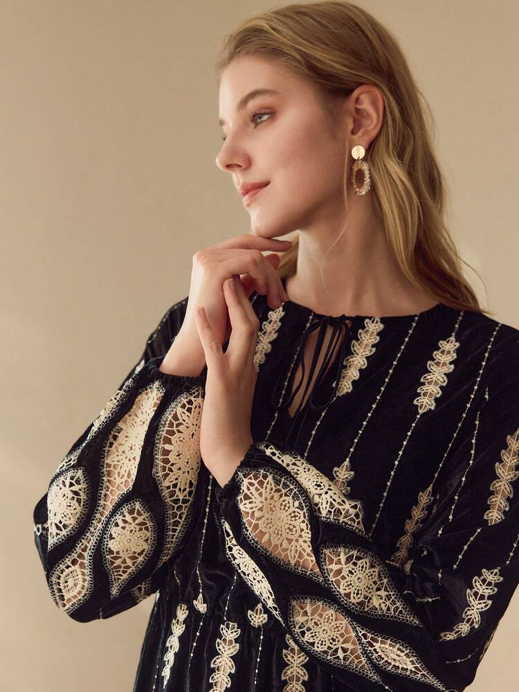 EMBROIDERED CREW NECK LONG SLEEVE MIDI DRESS