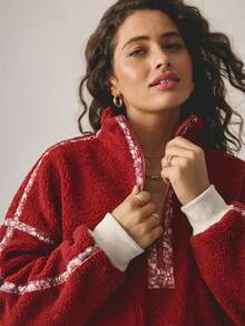 Aralina Freizeitbekleidung Herbst/Winter Halber Reißverschluss Floral bedruckter flauschiger Fleece-Jacke mit Innenzugband, Gym Workout bequemes Flughafen-Outfit