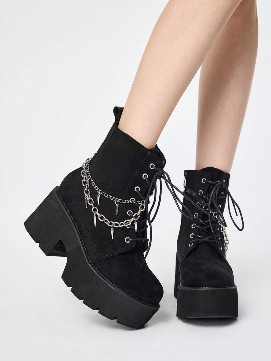 Grunge Punk Fashionable Versatile Chain Decor Thick Sole Wedge Ankle Boots Valentine's Day - Black - View 1