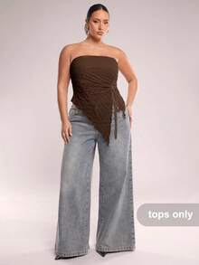 SHEIN BAE Áo ba lỗ buộc dây rút bất đối xứng màu mơ xuân/hè cỡ lớn dành cho nữ, áo crop top họa tiết gợn sóng, áo hai dây gợi cảm, phong cách Y2K thích hợp cho các buổi hẹn hò, đi chơi, lễ hội âm nhạc, trà chiều, tiệc tùng, mùa tốt nghiệp, mùa cưới - Cà phê nâu - Xem 6