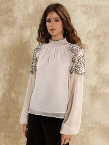 Florisole Women's Woven Chiffon Top With High Neck, Raglan Sleeves, Long Sleeves, And Gathered Lace Trim. Suitable For Everyday Casual Wear Holiday Outfits For Women - Apricot - View 5