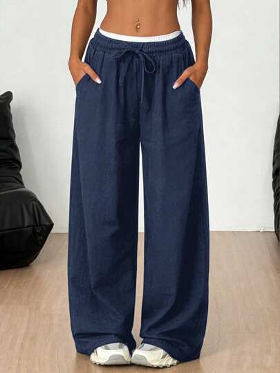 SHEIN Tween Girls' Contrast Color Elastic Waist Drawstring Pockets Loose Straight Leg Sweatpants