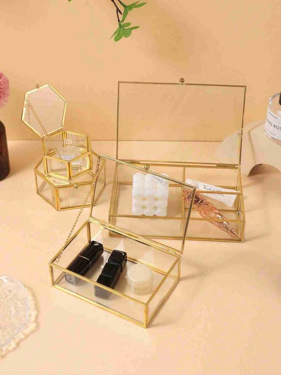 1 Pieza Caja de Almacenamiento de Joyas de Anillo de Vidrio Hexagonal Dorado de Lujo, Organizador de Gran Capacidad para Exhibir Múltiples Anillos, Ideal como Regalo para Boda, Compromiso, Día de San Valentín, Cumpleaños, Aniversario, Fiesta, Celebración, Viaje, Tocador, Decoración Navideña, Caja de Regalo para Joyas, Soporte de Anillos