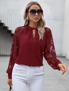 SHEIN Clasi 女士时尚休闲长袖蕾丝拼接衬衫 - 紅色 - 查看 4