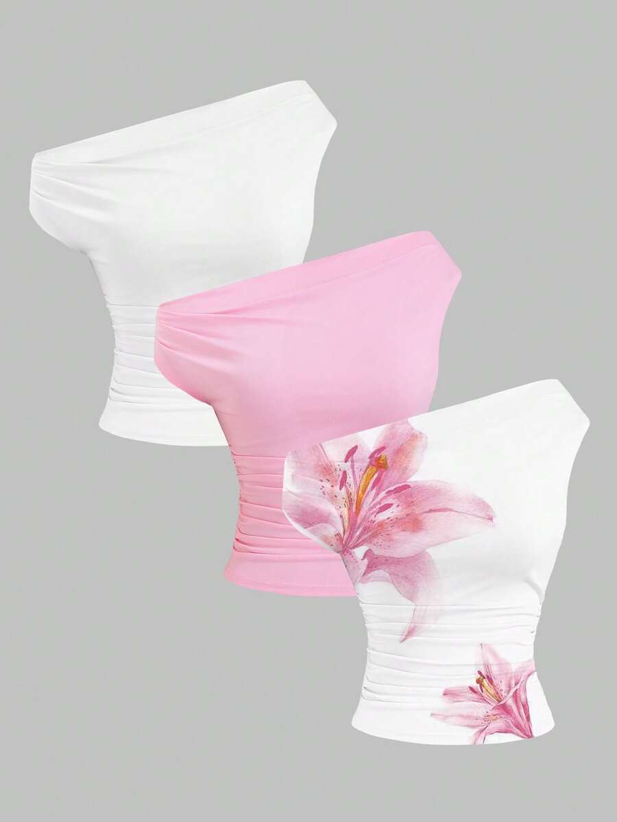 Sweetra 女士春季新款斜肩性感短袖印花时尚舒适T恤套装 - 彩色 - 查看 1