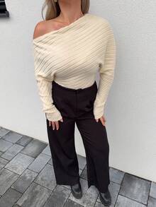 Jeta Ari Apricot Chunky Knit Asymmetrical Shoulder Long Sleeve Top,Solid Color T-Shirt,Casual Commuter Basic Top,Cozy Fall And Winter Clothes For Women,Streetwear Women,Office Work Top,Old Money Style,Elegant Top,Knitted Pullover,Off The Shoulder Top,Chic Top For Women,Fall Clothes For Women - Apricot - View 4