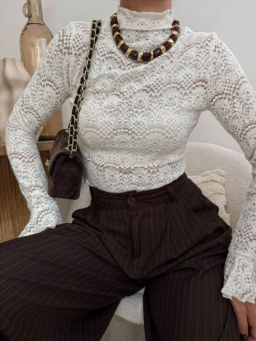 Serisse Camiseta de encaje elegante con cuello alto y mangas acampanadas para mujer - Albaricoque - Ver 1