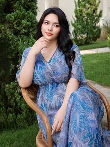 Dazy Plus Đầm maxi hoa lá tay xòe bằng vải chiffon thanh lịch, kiểu dáng thường ngày phù hợp cho phụ nữ cỡ lớn, đầm mùa xuân/hè. - Màu xanh lam - Xem 7