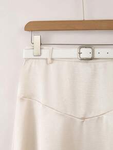 Franclia Champagne White Satin Waist Slimming A-Line Skirt, High Waisted For Women, Spring/Summer - Beige - View 5