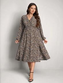 Comfylo 大码飘逸荷叶边灯笼袖开衩连衣裙，棕色，情人节生日优雅之选 - 彩色 - 查看 4