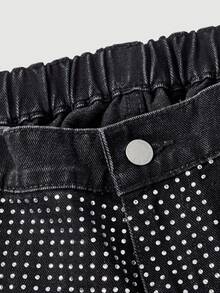 SHEIN MOD Plus Size Women Rhinestone Pocket Wide Leg Loose Fashion Jeans - Black - View 3