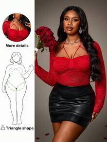 Truni Plus Size Women's Sexy Red Lace Sheer Long Sleeve Bodysuit, Suitable For Dates And Parties, For Pear & Triangle Body Shape Valentine's Day Outfit - Red - View 7