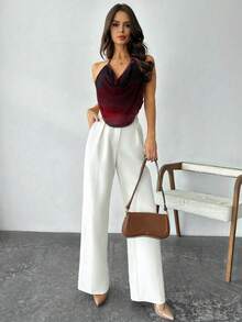 Firerie 女士优雅时尚派对扎染印花网纱垂褶领吊带背心 - 酒紅色 - 查看 8