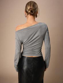 Maija 女士时尚通勤水钻不对称领衬衫 - 灰色 - 查看 6