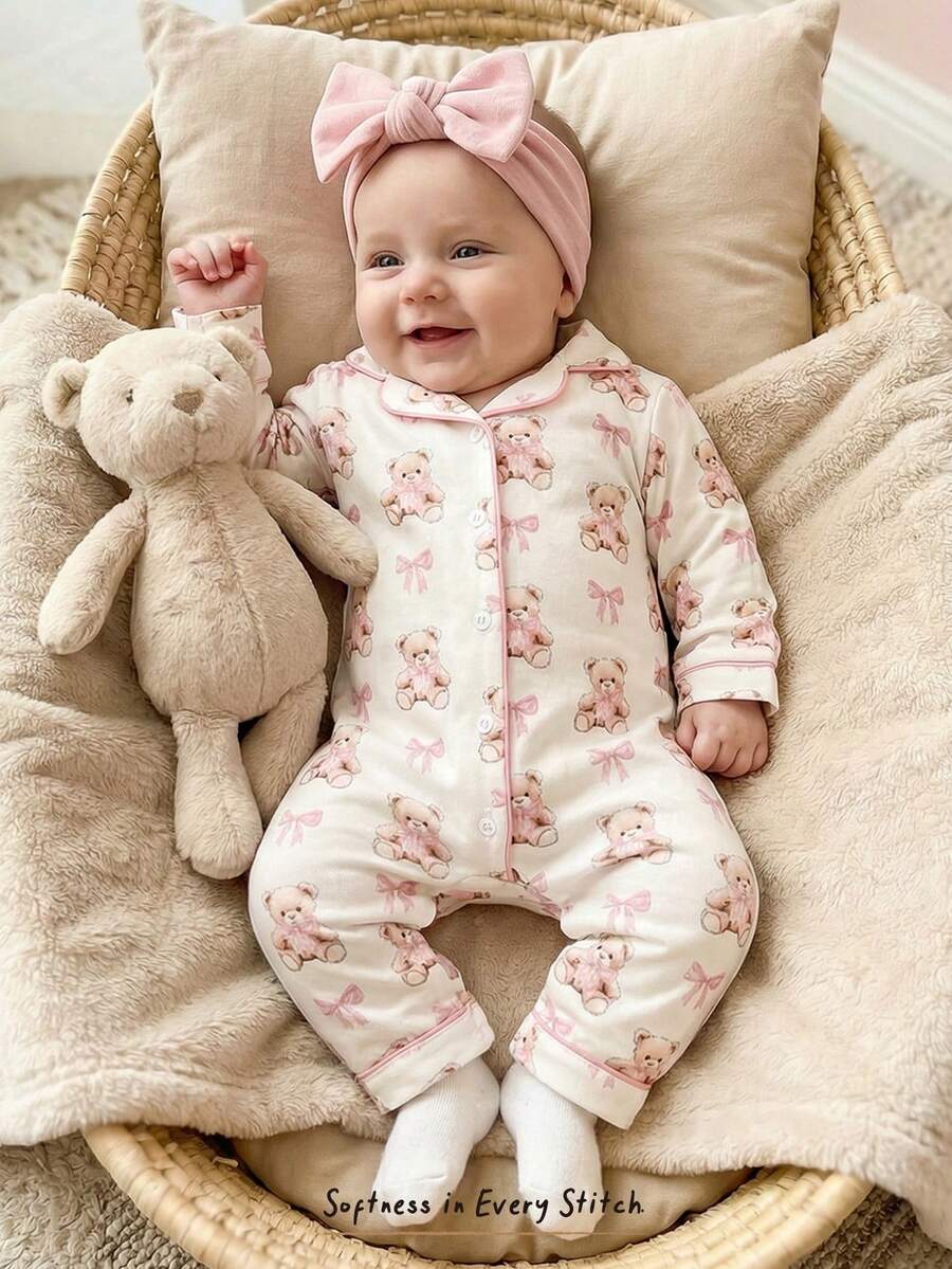 Cozy Pixies Bộ đồ liền thân dài tay dệt kim họa tiết gấu hoạt hình cho bé gái, đa năng và thoải mái - Hồng - Xem 1