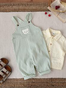 SHEIN Quần áo trẻ sơ sinh unisex, áo liền quần họa tiết gấu hoạt hình kẻ caro xanh lá cây dễ thương, đa năng cho bé trai/bé gái. - Nhiều màu - Xem 10