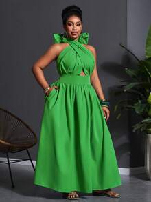 Slaydiva 春夏新款优雅性感派对约会夜店生日婚礼毕业舞会音乐节长裙 - 绿色纯色交叉吊带系腰A字梭织面料加大码圣帕特里克节绿色沙滩裙绿色吊带裙绿色度假裙 - 綠色 - 查看 5