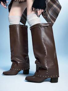 Sugerpunk Women's Fashion Commuter Studded Decor High Heel Buckle Ankle Boots Valentine's Day - Coffee Brown - View 1