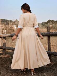 Ceyna Casual V-Neck Long Cake Dress, Elegant Style - Khaki - View 2