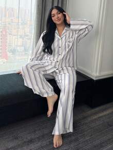 Dazy Plus 2pcs Plus Size Women Striped Pajama Set, Loose Long Sleeve Top With Pocket And Straight Leg Pants, Comfortable Sleepwear For Spring And Autumn - Purple - View 6