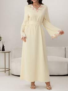 Yasmyna Elegant V-Neck Ruffle Trim Waist Fitted Flared Apricot Arabic Style Dress For Women - Apricot - View 4
