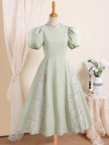 一件优雅的圆领泡泡袖连衣裙，后背拉链，网纱刺绣下摆，适合少女穿着，可用于休闲外出、聚会、派对、春夏等场合。 - 綠色 - 查看 3