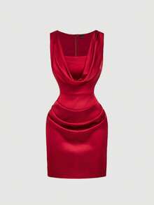 SHEIN MOD Elegant Red Draped Neck Sleeveless Satin Mini Dress, Valentine's Day Dress,Wedding,Elegant Dresses,Red Dress,Wedding Guest Dress For Women, Spring/Summer Outfits,Party, Red Outfits For Women, Red Satin Dress,,Wedding,Birthday Dress,Elegant Dresses - Red - View 6