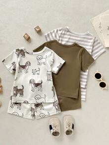 Playful Pals 3 Sets Toddler Boys Cute Casual Cartoon Dog Cat Graphic Print Waffle Texture Solid Green Striped Short Sleeve Round Neck T-Shirt Tops And Shorts Pants Bottoms Soft Stretchy Two Piece Outfits Clothing Sets For Daily Home Playwear Summer - Multicolor - View 2