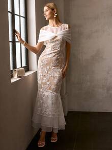 MOTF Soiréza Đầm maxi dự tiệc cổ tròn thanh lịch dành cho nữ, phối ren organza, dáng đuôi cá ôm sát, hoàn hảo cho đám cưới, dạ hội và tiệc sinh nhật. - trắng - Xem 6