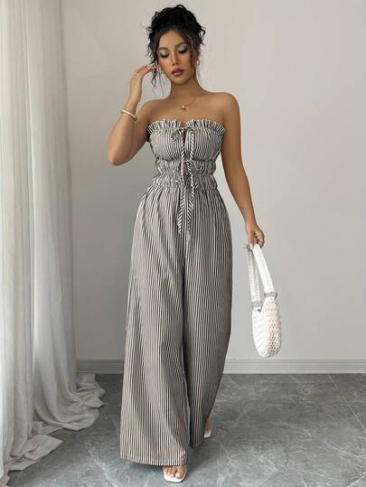 Elenzga Women's Fashion Casual Striped Print Jumpsuit - Random Floral Pattern