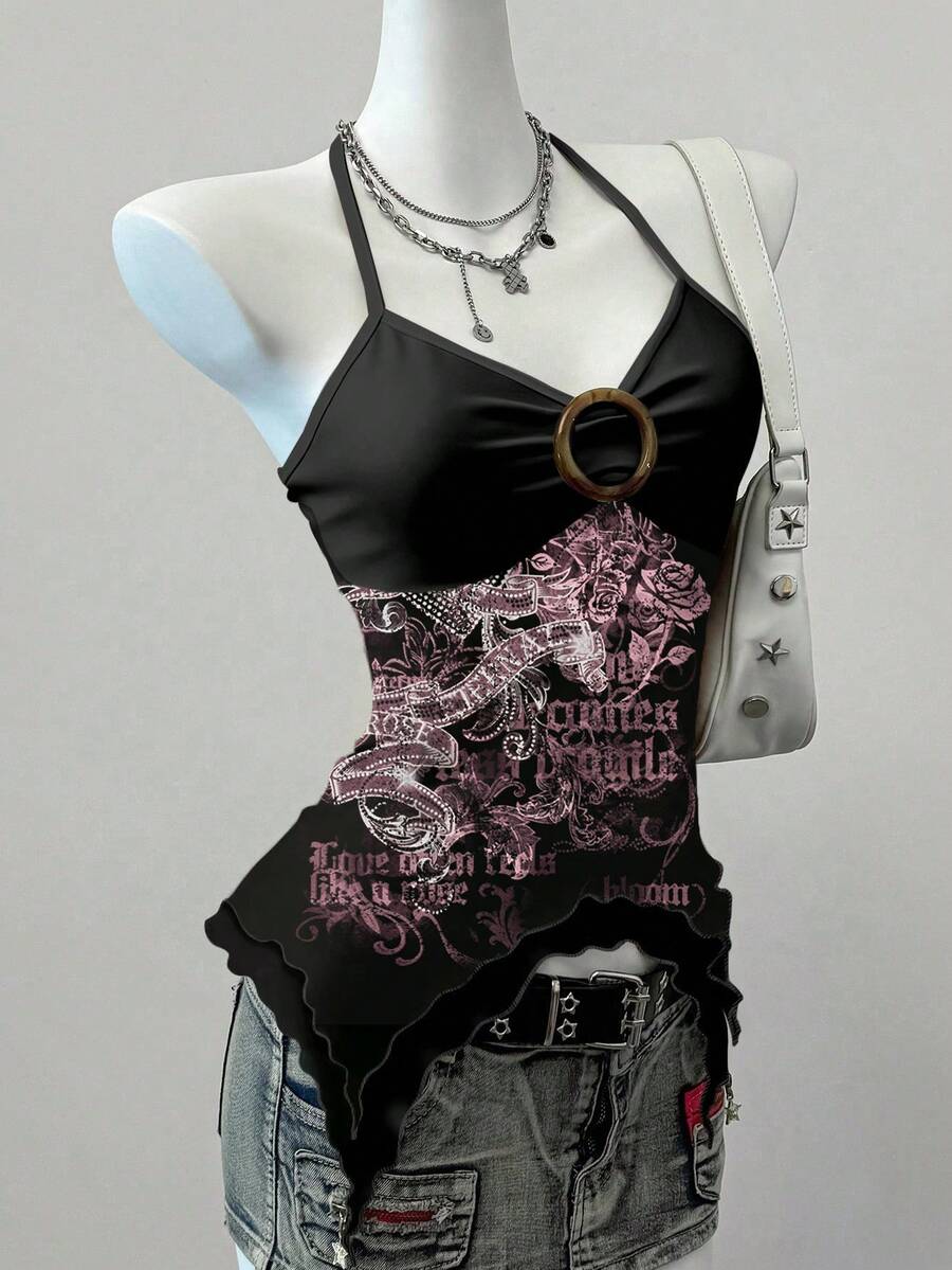 Attitoon Fashionable Printed Mesh Halter Top For Women Spring - Black - View 1