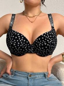 DesireSculpt 1 chiếc áo ngực có gọng dành cho nữ cỡ lớn, in hình trái tim và đính đá, thiết kế dây đeo. - màu đen - Xem 5